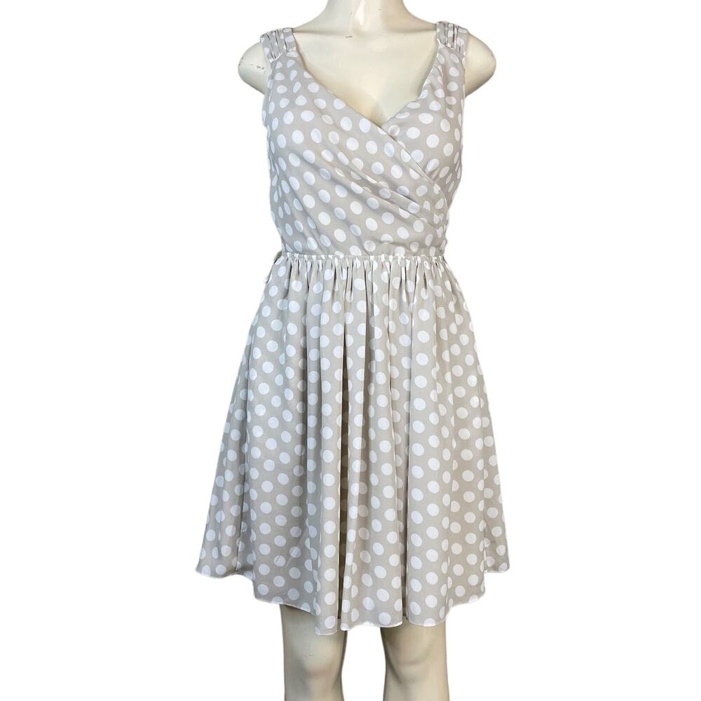 Express Sleeveless Fit & Flare Dress Surplice Neck Tan White Polka Dot SZ 4